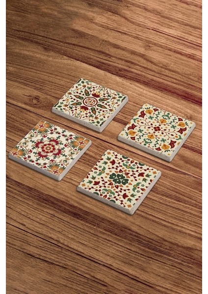 Mandala Motif Temalı Doğal Taş Traverten Bardak Altlığı 4 Lü Set