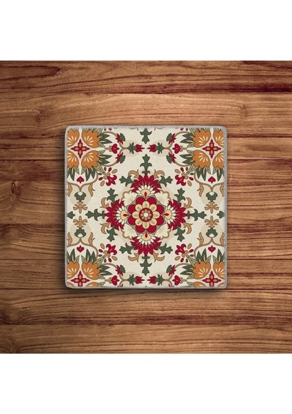 Mandala Motif Temalı Doğal Taş Traverten Bardak Altlığı 4 Lü Set