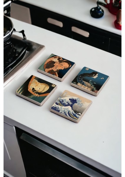 Hokusai Katsushika, Hokusai Hayaleti Doğal Taş Traverten Bardak Altlığı 4 Lü Set