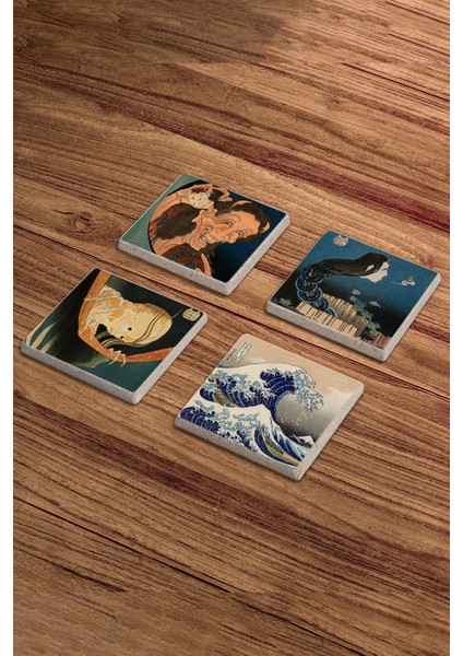 Hokusai Katsushika, Hokusai Hayaleti Doğal Taş Traverten Bardak Altlığı 4 Lü Set fiyatları