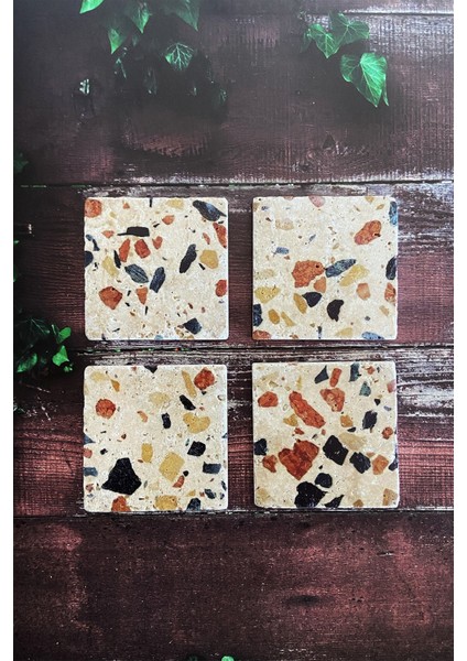 Terrazzo Doğal Taş Traverten Bardak Altlığı 4 Lü Set