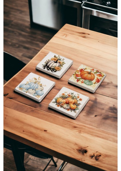 Renkli Fall Pumpkin Doğal Taş Traverten Bardak Altlığı 4 Lü Set