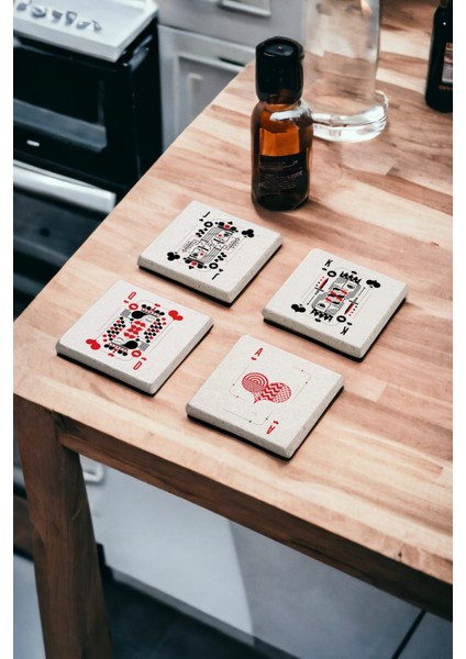 Poker ve Blackjack, As Papaz Kız Joker Doğal Taş Traverten Bardak Altlığı 4 Lü Set