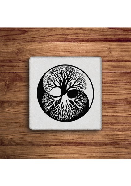 Yin Yang Yaşam Ağacı Temalı Doğal Taş Traverten Bardak Altlığı 4 Lü Set