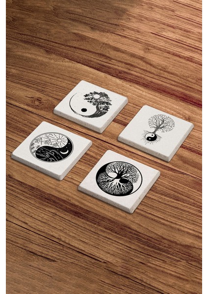 Yin Yang Yaşam Ağacı Temalı Doğal Taş Traverten Bardak Altlığı 4 Lü Set