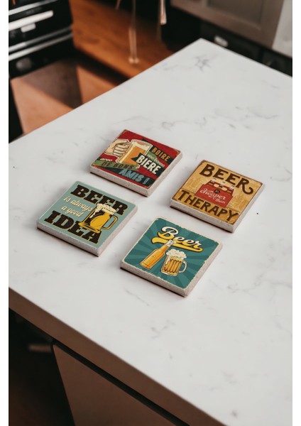 Vintage Drink Temalı Doğal Taş Traverten Bardak Altlığı 4 Lü Set