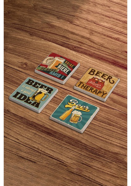 Vintage Drink Temalı Doğal Taş Traverten Bardak Altlığı 4 Lü Set