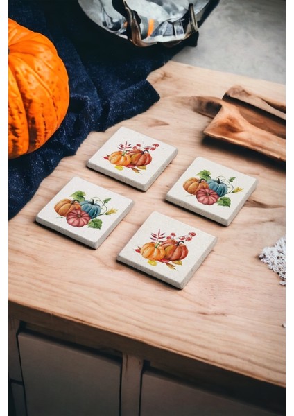 Pumpkin Fall, Bal Kabağı Sonbahar Temalı Doğal Taş Traverten Bardak Altlığı 4 Lü Set