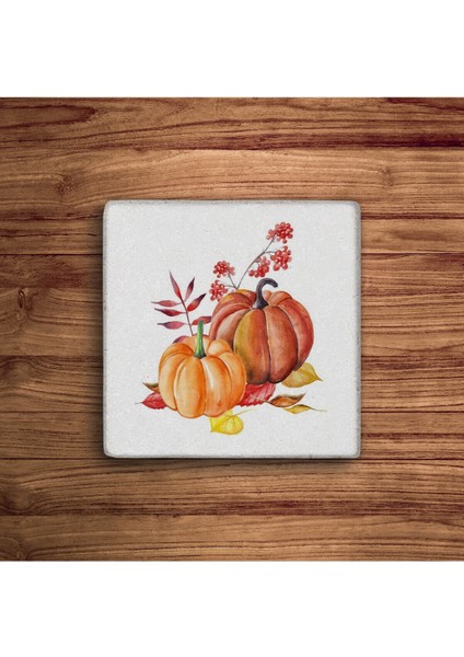 Pumpkin Fall, Bal Kabağı Sonbahar Temalı Doğal Taş Traverten Bardak Altlığı 4 Lü Set