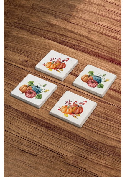 Pumpkin Fall, Bal Kabağı Sonbahar Temalı Doğal Taş Traverten Bardak Altlığı 4 Lü Set