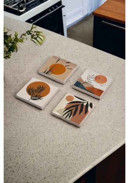 Bohem Minimal Tema Doğal Taş Traverten Bardak Altlığı 4 Lü Set