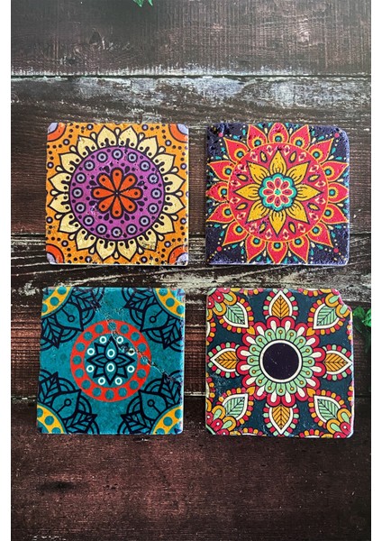 Renkli Mandala Doğal Taş Traverten Bardak Altlığı 4 Lü Set