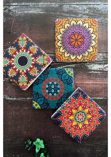 Renkli Mandala Doğal Taş Traverten Bardak Altlığı 4 Lü Set fiyatları
