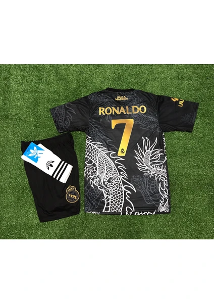 Real Madrid 2023/24 Yeni Sezon Dragon (Ejderha) Desenli Cristiano Ronaldo Forması+Şort+Çorap 3'lü Set (Black)