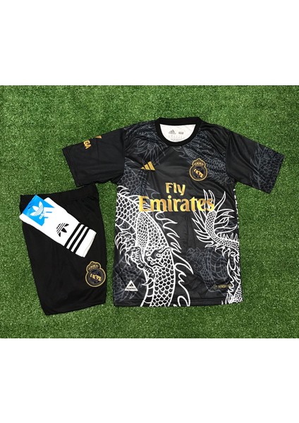 Real Madrid 2023/24 Yeni Sezon Dragon (Ejderha) Desenli Cristiano Ronaldo Forması+Şort+Çorap 3'lü Set (Black)