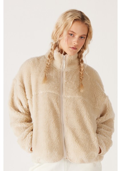 Oversize Fit Geniş Kesim Dik Yaka Tam Fermuarlı Ekru Sherpa Ceket
