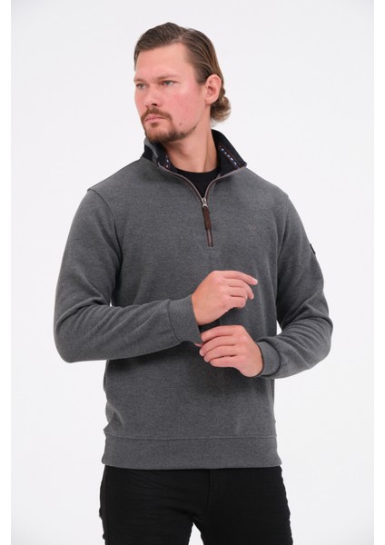 Gri Fermuarlı Regular Fit Süet Detaylı Uzun Kollu Erkek Selanik Sweatshirt