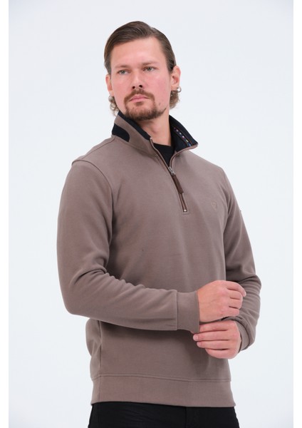 Vizon Fermuarlı Regular Fit Süet Detaylı Uzun Kollu Erkek Selanik Sweatshirt