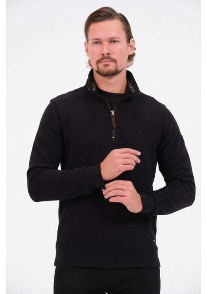 Siyah Fermuarlı Regular Fit Süet Detaylı Uzun Kollu Erkek Selanik Sweatshirt