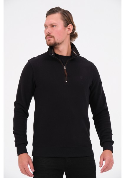 Siyah Fermuarlı Regular Fit Süet Detaylı Uzun Kollu Erkek Selanik Sweatshirt fiyatları