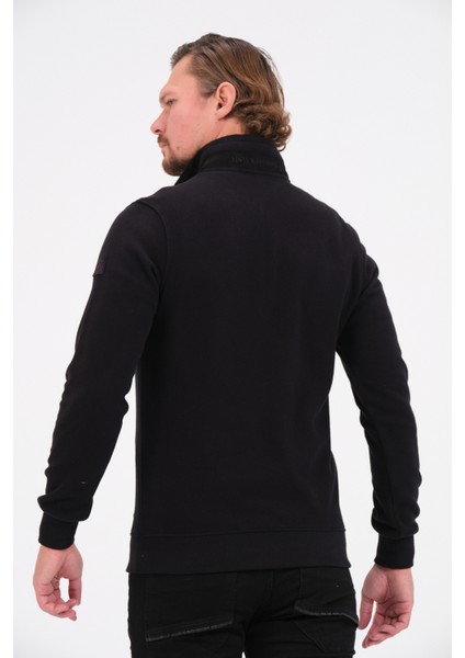 Siyah Fermuarlı Regular Fit Süet Detaylı Uzun Kollu Erkek Selanik Sweatshirt fırsatları