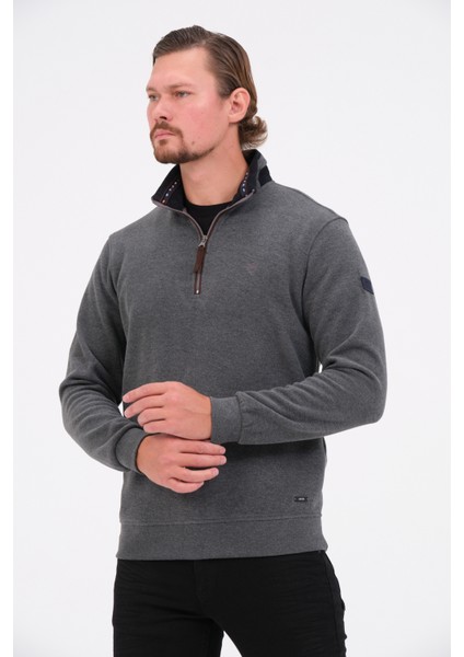 Gri Fermuarlı Regular Fit Süet Detaylı Uzun Kollu Erkek Selanik Sweatshirt