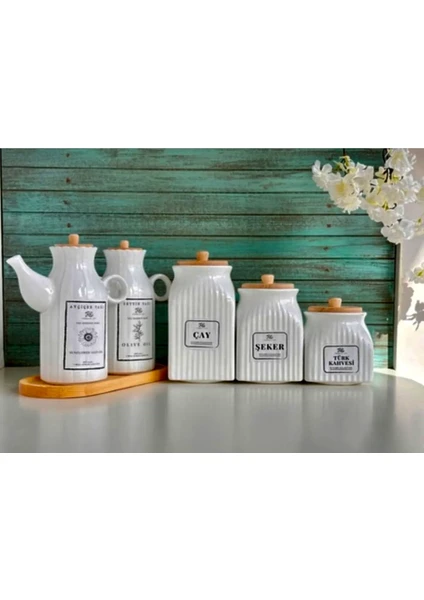 Kitchen Pembelia 6 Parça Bambu Standlı Porselen 1000ML Yağdanlık ve 3'lu Çay Şeker Türk Kahve Kavanoz Seti Yağlık Set