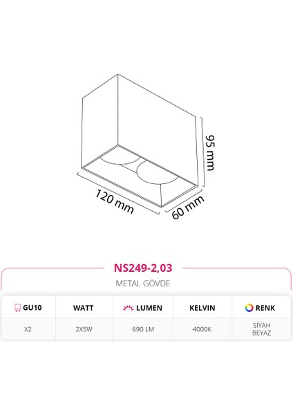 Sıva Üstü İkili Led Spot Beyaz Siyah 4000K Ilık Beyaz NS249-2