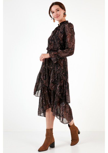 Regular Fit Yaka Detaylı Volanlı Şifon Midi Elbise Bayan Elbise 611EL1448 fiyatları