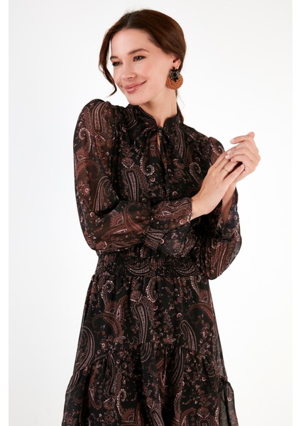 Regular Fit Yaka Detaylı Volanlı Şifon Midi Elbise Bayan Elbise 611EL1448 modelleri