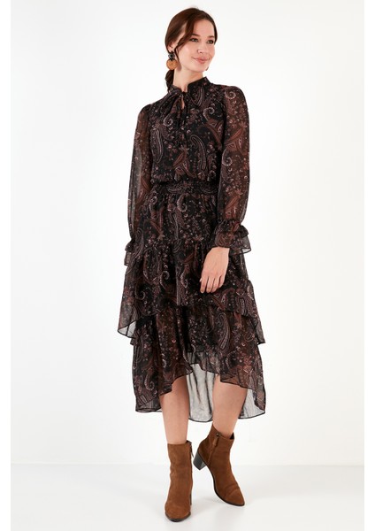 Regular Fit Yaka Detaylı Volanlı Şifon Midi Elbise Bayan Elbise 611EL1448 fırsatları