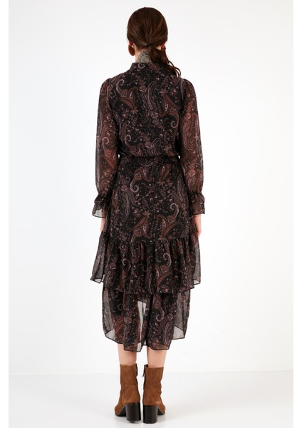 Regular Fit Yaka Detaylı Volanlı Şifon Midi Elbise Bayan Elbise 611EL1448 indirimleri