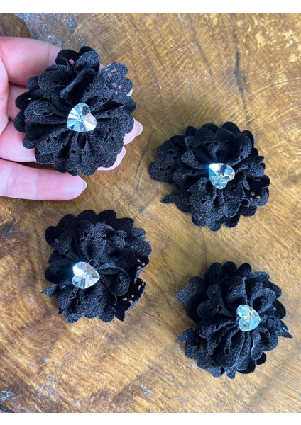 6x6 cm 4 Lü Siyah Çiçek Taşlı Çiçek Arma Yama Dikiş Hobi Aksesuarı