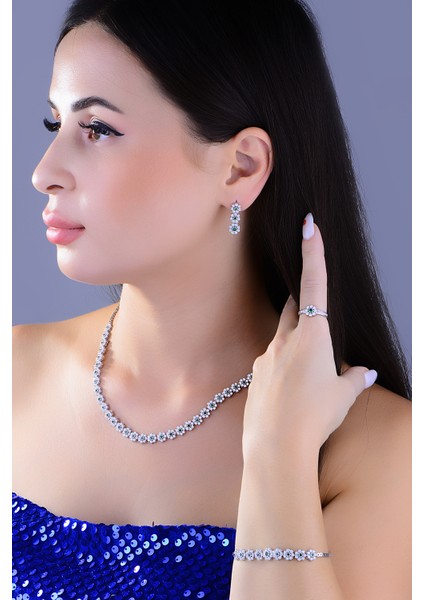 925 Ayar Gümüş Yeşil Papatya Salkım Pırlanta Montör Su Yolu Set