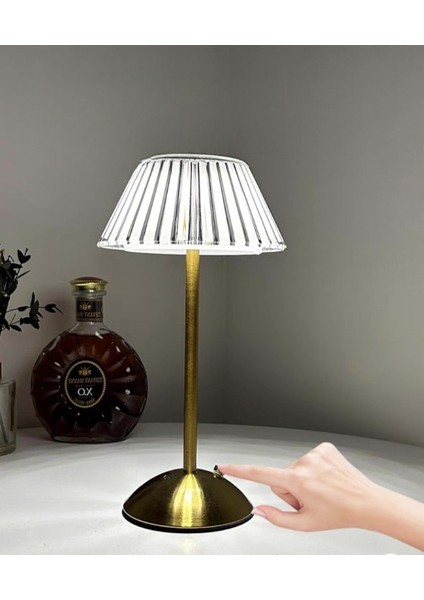 Dekoratif Kristal Şarjlı Yelpaze Gold LED Abajur, Masa Lambası, Dokunmatik 3 Renk Modu