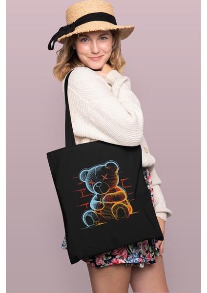 Neon Teddy Bear Baskılı Tote Bag Gabardin Çanta