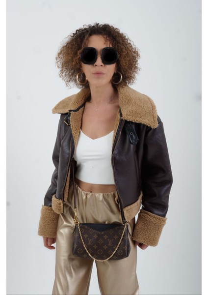 Kahve Suni Deri Kısa Mont