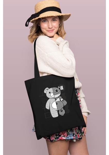 Robot Bear Baskılı Tote Bag Gabardin Çanta