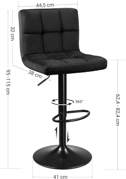 2li Set Kadife Bar Tabureleri, Yüksekliği Ayarlanabilir Döner Tabureler, Mutfak Sandalyeleri, Sırtlık ve Ayaklık, Metal, Siyah LJB014B01 modelleri