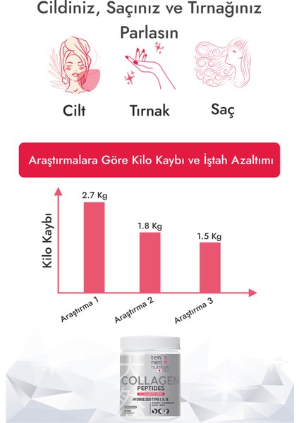 Tip 1, Tip 2, Tip 3 Collagen, Saf ve Doğal Hidrolize Kolajen, Hyaluronik Asit, Vitamin C, Biotin, Elastin, 306 gr, 30 Servis