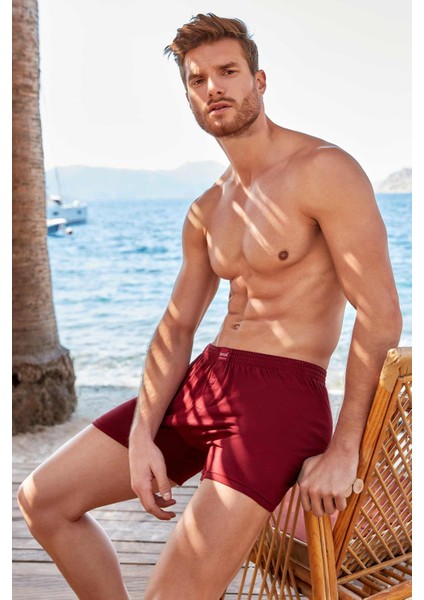 Pamuklu Havlu Bel Düğmeli Bordo Erkek Boxer 3'lü Paket