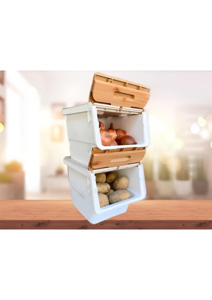 Motek Patateslik Soğanlık Sepeti , Oyuncak Kutusu , Sebzelik Tekerlekli Organızer Çok Amaçlı Kutu 2X12LT-BAMBU+KREM