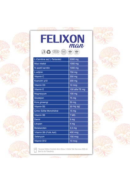 Felixon Man - Erkeklere Özel Multivitamin L- Karnitin Koenzim Q10 Kore Gingnseng Selenyum Miyo- İnositol L-Arjinin Glutatyon