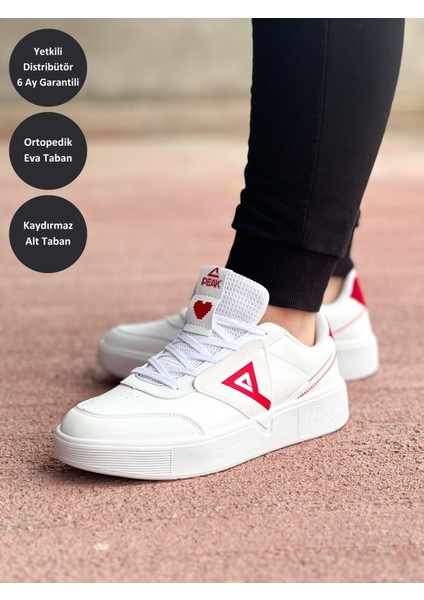 Erkek Beyaz Kırmızı Desenli Kaymaz Taban Ortopedik Garantili Rahat Hafif Günlük Deri Yürüyüş Koşu Sneaker Spor Ayakkabı
