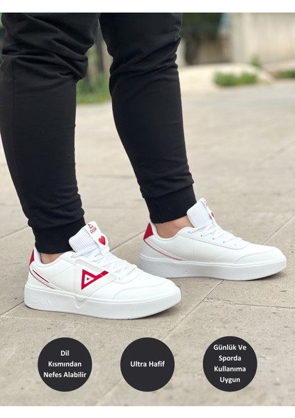 Erkek Beyaz Kırmızı Desenli Kaymaz Taban Ortopedik Garantili Rahat Hafif Günlük Deri Yürüyüş Koşu Sneaker Spor Ayakkabı fiyatları