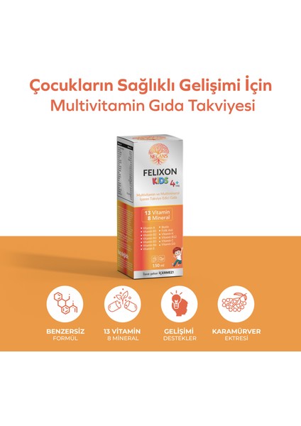 Felixon Kids – Çocuk Multivitamin Şurubu 13 Vitamin ve 8 Mineral (150 ML) Vitamin C, Vitamin E, Çinko, Vitamin B6, Demir, Selenyum, Çinko, Vitamin B5