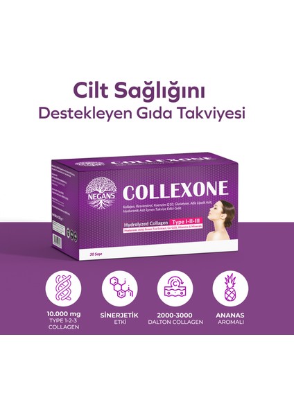 Collexone 30 Saşe - Tip 1 Tip 2 Tip 3 Hidrolize Kollajen, Koenzim Q10, Glutatyon, Selenyum, Resveratrol Desteği İçeren Multivitamin Gıda Takviyesi