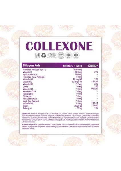 Collexone 30 Saşe - Tip 1 Tip 2 Tip 3 Hidrolize Kollajen, Koenzim Q10, Glutatyon, Selenyum, Resveratrol Desteği İçeren Multivitamin Gıda Takviyesi