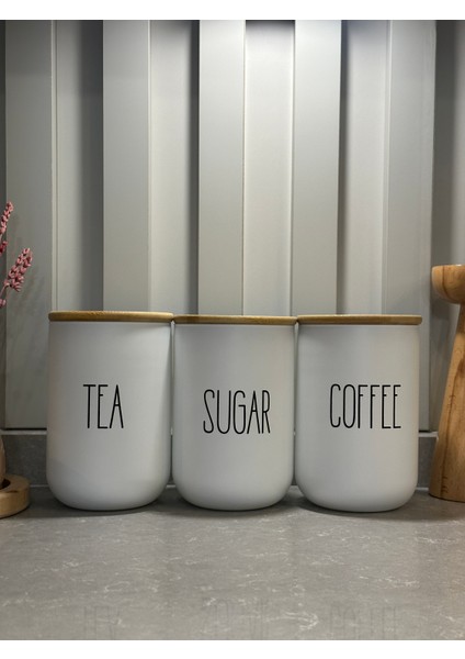 Cam Bambu Vakum Kapaklı Beyaz 1000 ml Çay Kahve Şeker Kavanoz Seti 3'lü