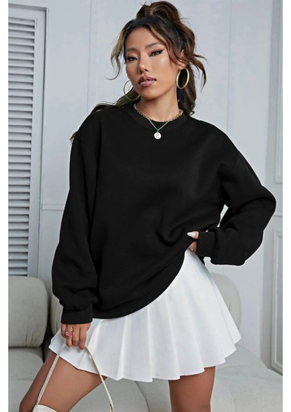 Unisex Oversize 3 Iplik Şardonlu Siyah Sweatshirt